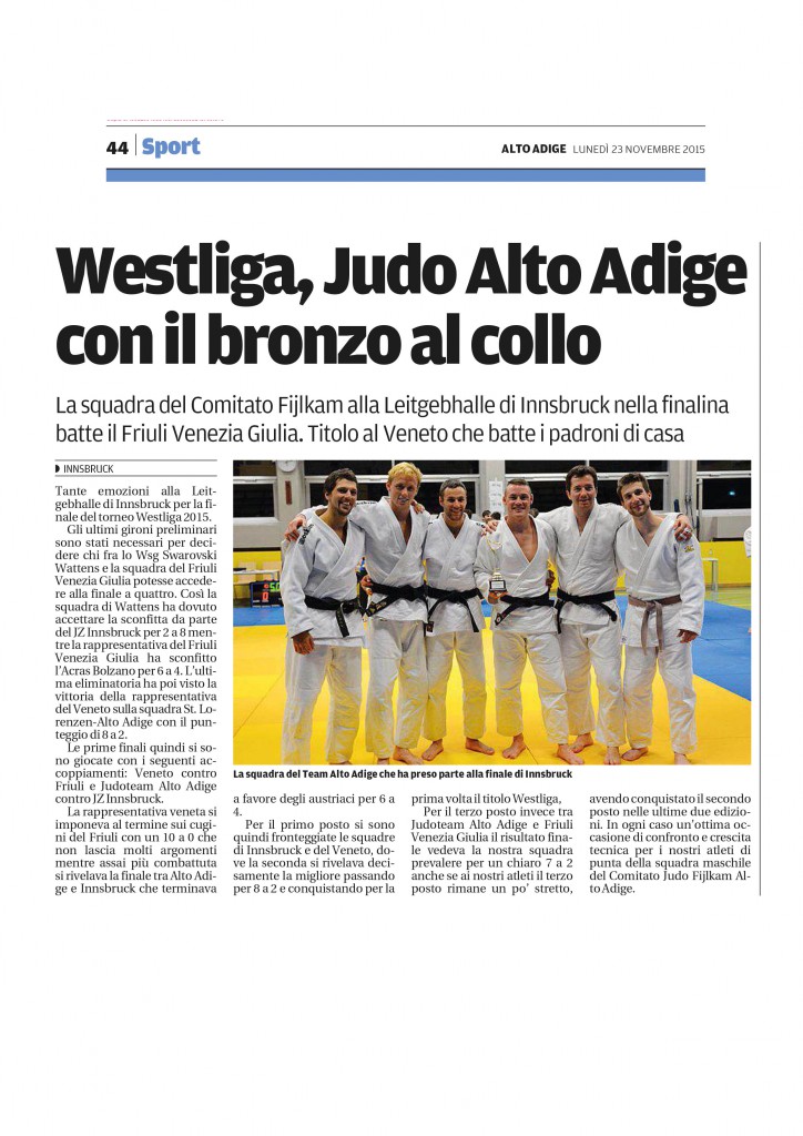 Alto Adige: Westliga, Judo Alto Adige con il bronzo al collo